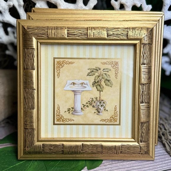 3 VINTAGE GOLD FRAMED PALM TREE NAUTICAL COASTAL BATHROOM PICTURES Bundle Bamboo - Picture 7 of 14